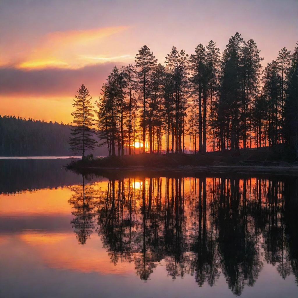 A vibrant and enchanting sunset over a serene lake, with silhouettes of tall pine trees