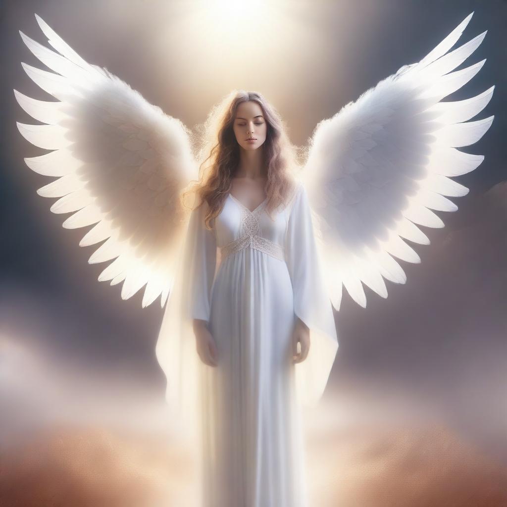 A beautiful and serene angel with flowing white robes and large, feathery wings, standing in a heavenly, ethereal landscape with soft glowing light and a peaceful aura