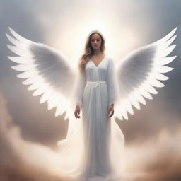 A beautiful and serene angel with flowing white robes and large, feathery wings, standing in a heavenly, ethereal landscape with soft glowing light and a peaceful aura