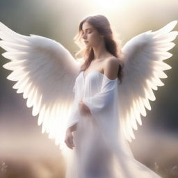 A beautiful and serene angel with flowing white robes and large, feathery wings, standing in a heavenly, ethereal landscape with soft glowing light and a peaceful aura