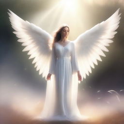 A beautiful and serene angel with flowing white robes and large, feathery wings, standing in a heavenly, ethereal landscape with soft glowing light and a peaceful aura