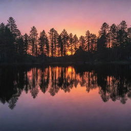 A vibrant and enchanting sunset over a serene lake, with silhouettes of tall pine trees