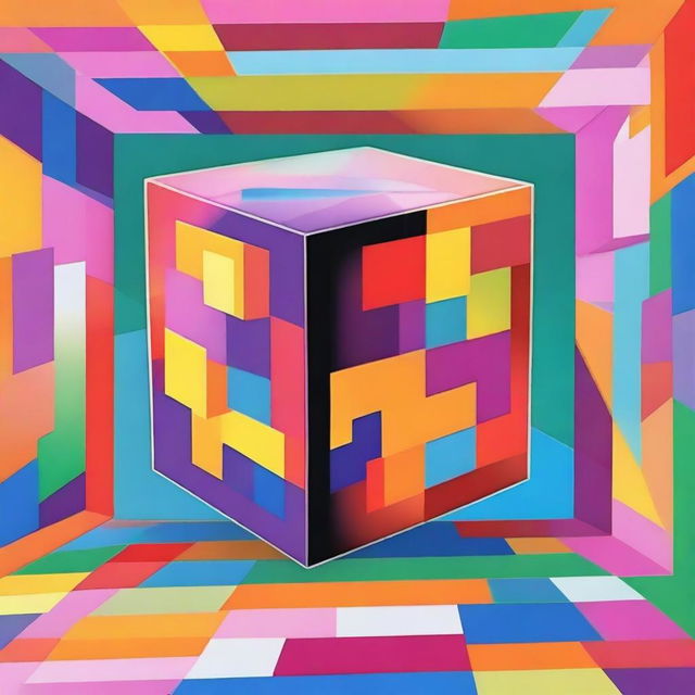 Create an image of a fourth-dimensional cube, also known as a tesseract, floating in a colorful, abstract space