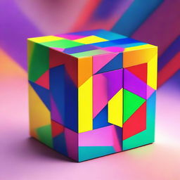 Create an image of a fourth-dimensional cube, also known as a tesseract, floating in a colorful, abstract space