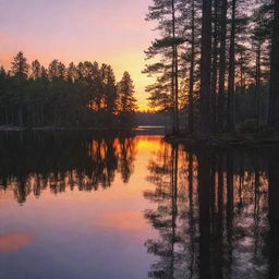 A vibrant and enchanting sunset over a serene lake, with silhouettes of tall pine trees