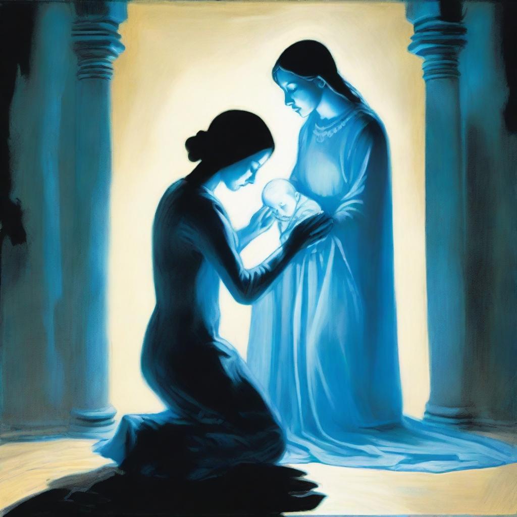 A woman holding a child is kneeling before a man who is glowing blue