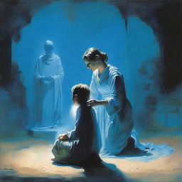 A woman holding a child is kneeling before a man who is glowing blue