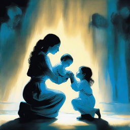 A woman holding a child is kneeling before a man who is glowing blue