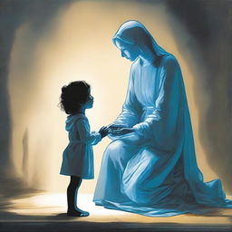 A woman holding a child is kneeling before a man who is glowing blue