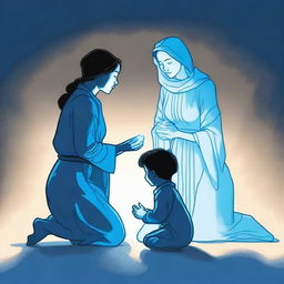 A woman holding a small boy is kneeling before a man who is glowing blue