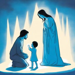 A woman holding a small boy is kneeling before a man who is glowing blue