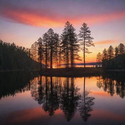 A vibrant and enchanting sunset over a serene lake, with silhouettes of tall pine trees