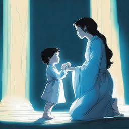 A woman holding a small boy is kneeling before a man who is glowing blue