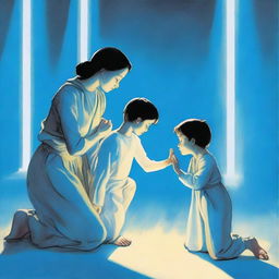 A woman holding a small boy is kneeling before a man who is glowing blue