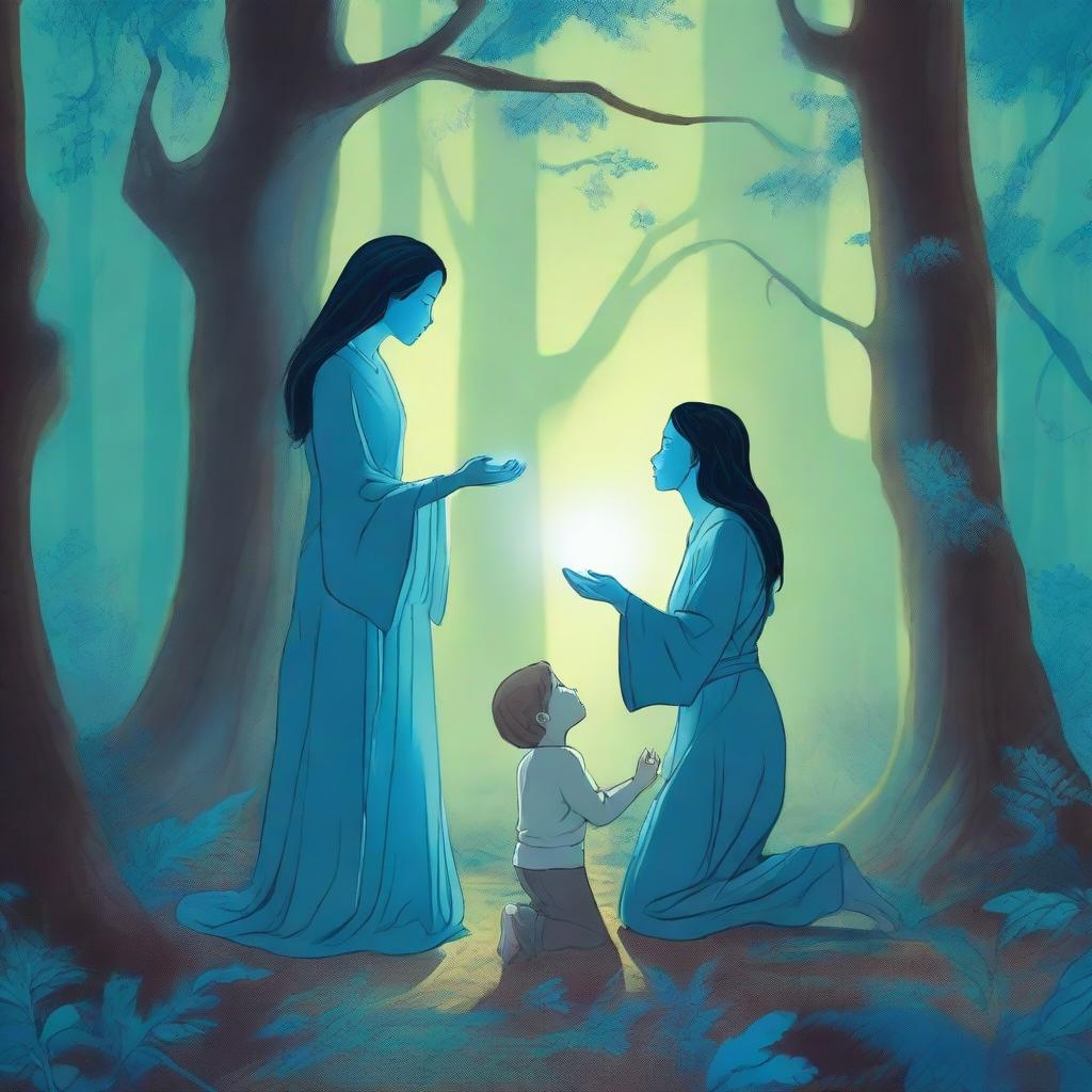 In a mystical forest, a woman holding a small boy is kneeling before a man who is glowing blue