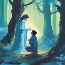 In a mystical forest, a woman holding a small boy is kneeling before a man who is glowing blue