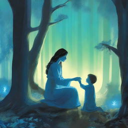 In a mystical forest, a woman holding a small boy is kneeling before a man who is glowing blue