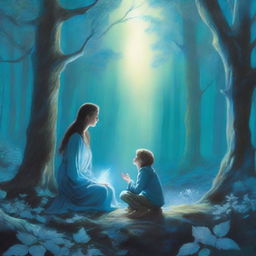 In a mystical forest, a woman holding a small boy is kneeling before a man who is glowing blue