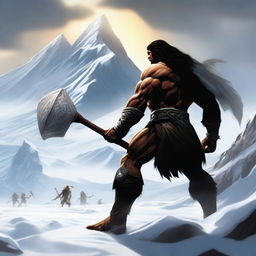 Create an image of a dark-haired barbarian warrior seen from the back, holding a war hammer similar to Thor's