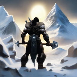 Create an image of a dark-haired barbarian warrior seen from the back, holding a war hammer similar to Thor's