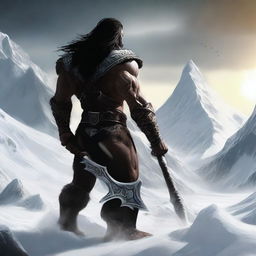 Create an image of a dark-haired barbarian warrior seen from the back, holding a war hammer similar to Thor's