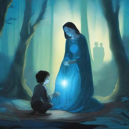 In a mystical forest, a woman holding a small boy is kneeling before a man who is glowing blue