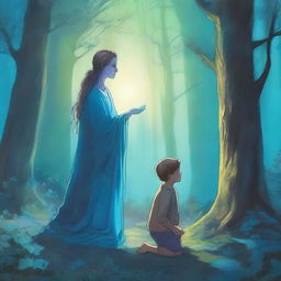 In a mystical forest, a woman holding a small boy is kneeling before a man who is glowing blue