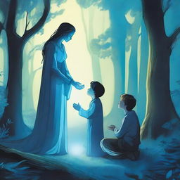 In a mystical forest, a woman holding a small boy is kneeling before a man who is glowing blue