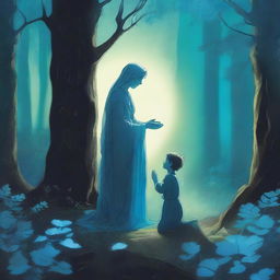 In a mystical forest, a woman holding a small boy is kneeling before a man who is glowing blue