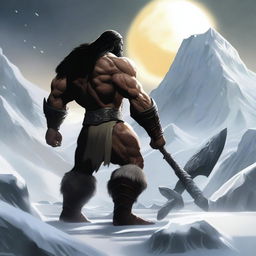 Create an image of a dark-haired barbarian warrior, seen from behind, holding a war hammer similar to Thor's