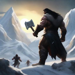 Create an image of a dark-haired barbarian warrior, seen from behind, holding a war hammer similar to Thor's