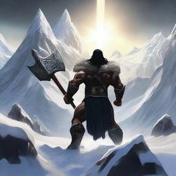 Create an image of a dark-haired barbarian warrior, seen from behind, holding a war hammer similar to Thor's