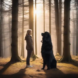 In a serene forest, a woman is standing with a large black Newfoundlander dog by her side