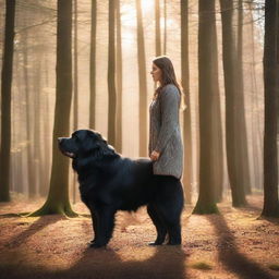 In a serene forest, a woman is standing with a large black Newfoundlander dog by her side