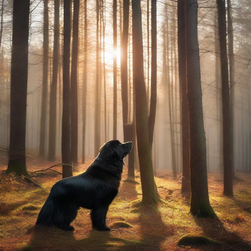 In a serene forest, a woman is standing with a large black Newfoundlander dog by her side