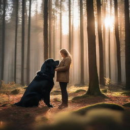 In a serene forest, a woman is standing with a large black Newfoundlander dog by her side