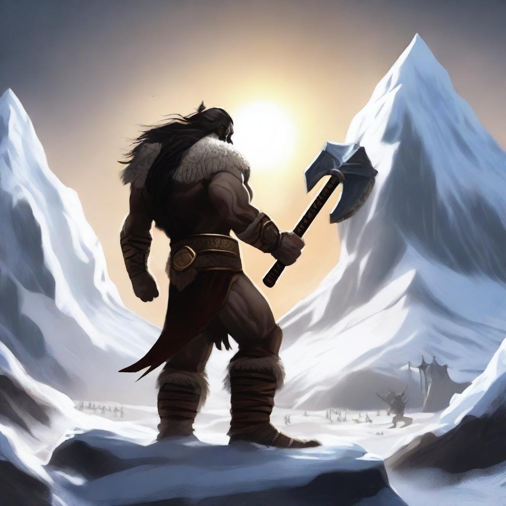 Create an image of a barbarian warrior with dark hair, seen from behind, holding a war hammer similar to Thor's