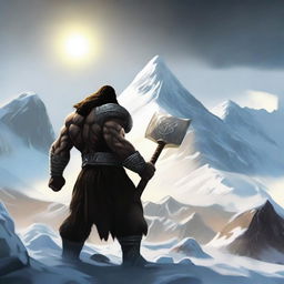 Create an image of a barbarian warrior with dark hair, seen from behind, holding a war hammer similar to Thor's