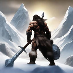 Create an image of a barbarian warrior with dark hair, seen from behind, holding a war hammer similar to Thor's