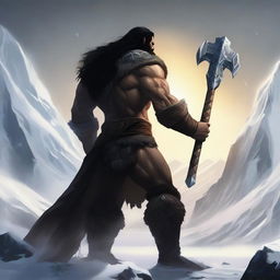 Create an image of a dark-haired barbarian warrior seen from the back, holding a war hammer similar to Thor's