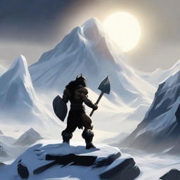 Create an image of a dark-haired barbarian warrior seen from the back, holding a war hammer similar to Thor's