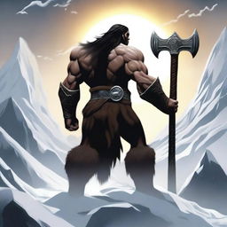 Create an image of a dark-haired barbarian warrior seen from the back, holding a war hammer similar to Thor's