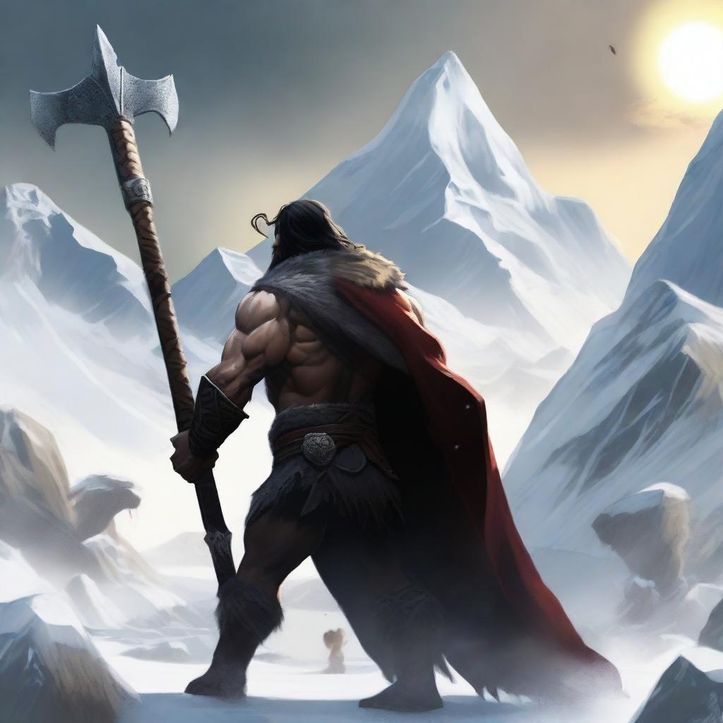 Create an image of a dark-haired barbarian warrior seen from the back, holding a war hammer similar to Thor's