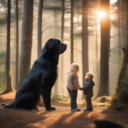 In a serene forest, a woman is standing with a large black Newfoundlander dog and a small boy by her side