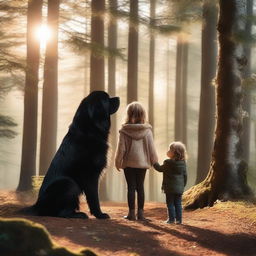 In a serene forest, a woman is standing with a large black Newfoundlander dog and a small boy by her side