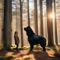 In a serene forest, a woman is standing with a large black Newfoundlander dog and a small boy by her side