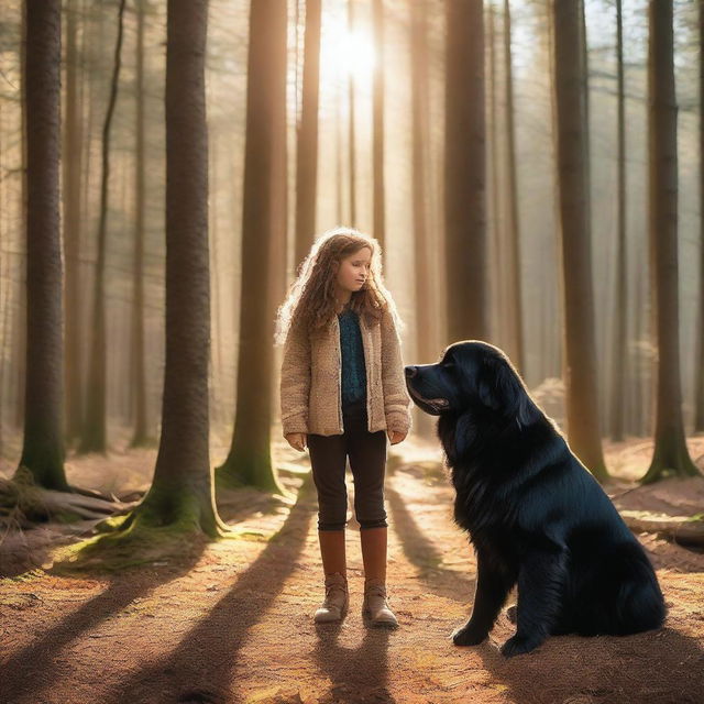 In a serene forest, a woman is standing with a large black Newfoundlander dog and a small boy by her side