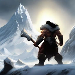 Create an image of a dark-haired barbarian warrior seen from behind, holding a war hammer similar to Thor's