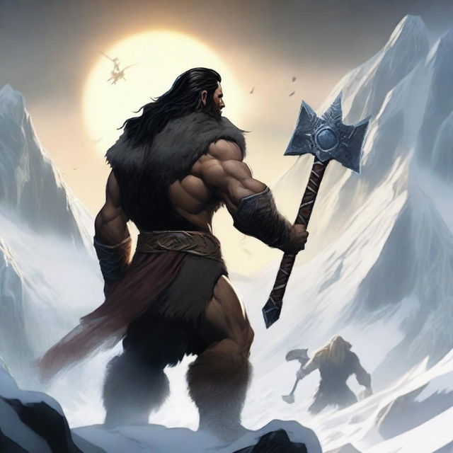 Create an image of a dark-haired barbarian warrior seen from behind, holding a war hammer similar to Thor's