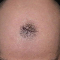 A magnified image of a small bald spot on a scalp, surrounded by regrowing hair. Three distinctive strands of hair should be displayed as pulled out, integrated with notable characteristics: one shaped like a 'V', another mimicking a flame, and one appearing broken.